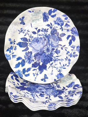 3 Shabby Chic Blue & White Floral Melamine 9'' Salad Plates Summer Butterflies