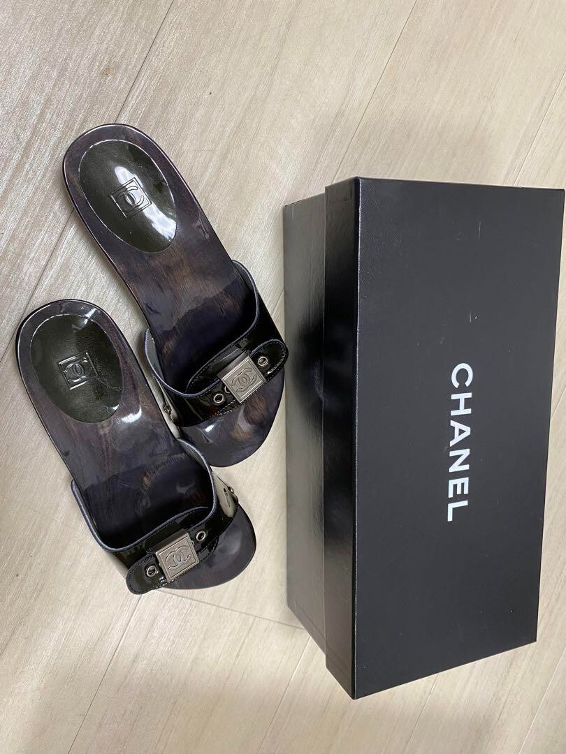 CHANEL COCO MARK Wood Sandals Mules Shoes Women Size EU 36