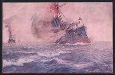 Artist postcard destruction of the English cruisers Aboukir, Cressy and Hogue by  