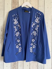 Bob Mackie Jacket M Blue Multi Embroidered Floral Edge To Edge Jersey Pockets