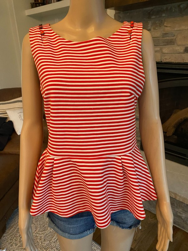 9-H15 SCL by Anthropologie Womens Peplum Blouse Red/White Striped Top Size M 021