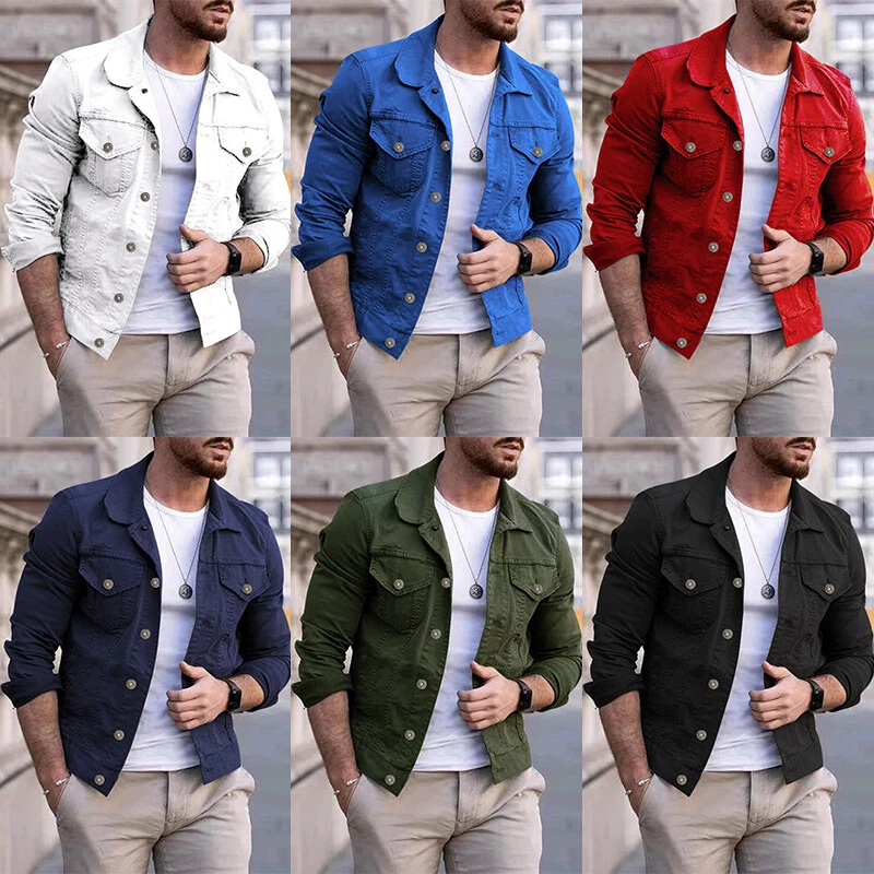 Mens Cargo Denim Jean Jacket Premium Cotton Button Up Slim Fit Punk Coat Tops  ∂ - Image 4 of 4