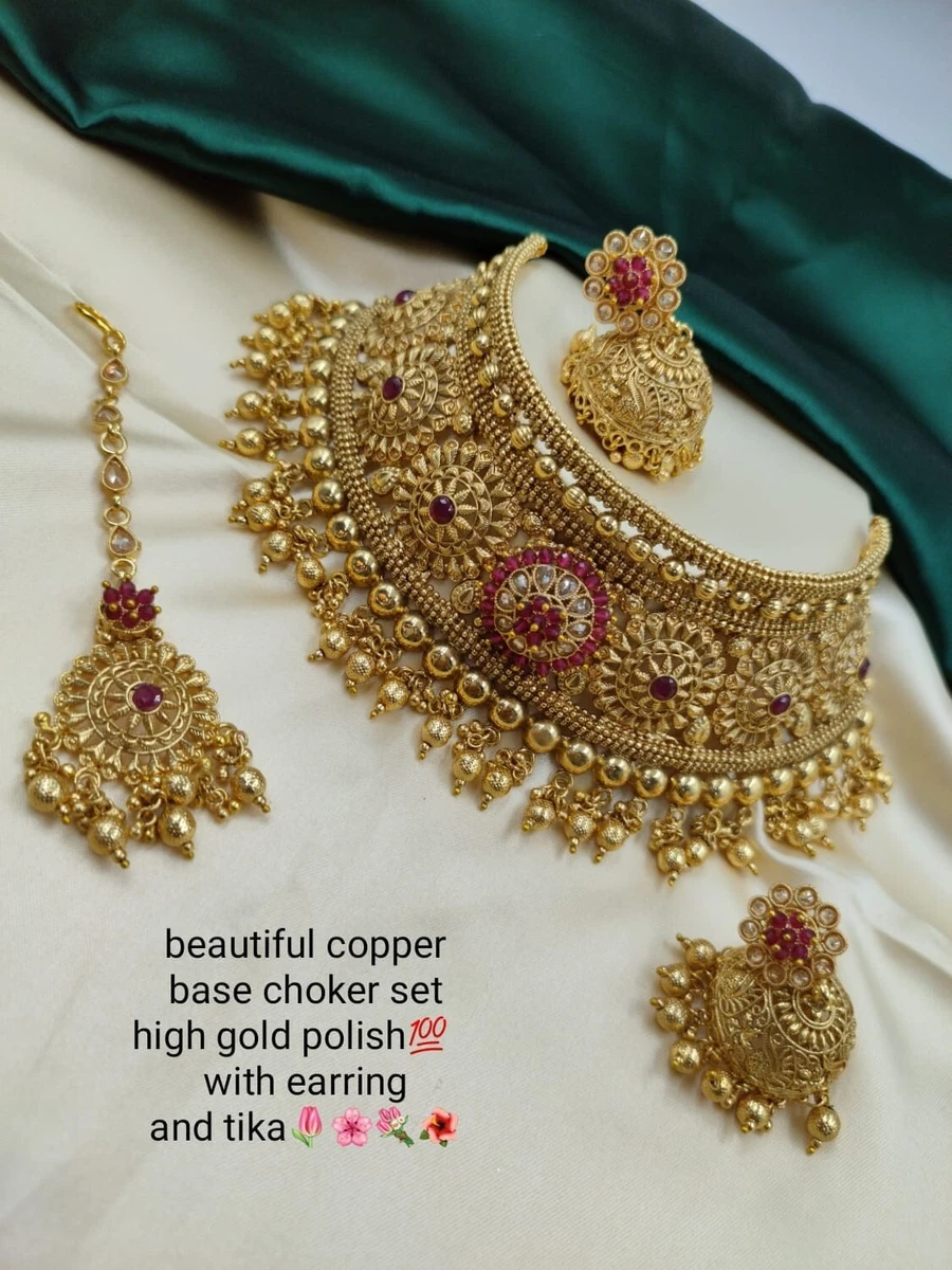 Bollywood Style Gold Plated Indian Choker Necklace Earrings AD Jewelry Set