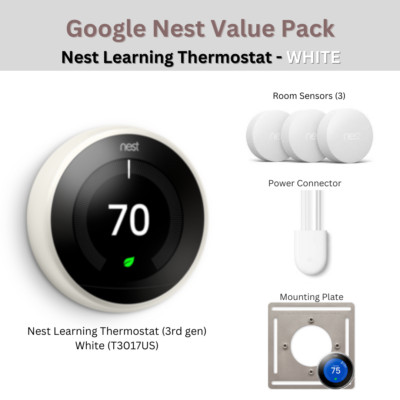 WHITE Pack: Nest Learning Thermostat 3rd gen + 3x Room Sensors + Power Connector
