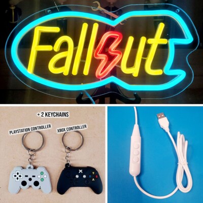 Fallout Nuke neon LED wall sign game room decor + Xbox PlayStation keychains