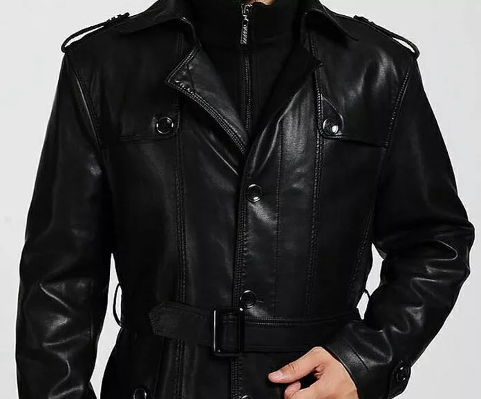 Black Leather Trench Coat For Men's WW1 German Police Style Sheep