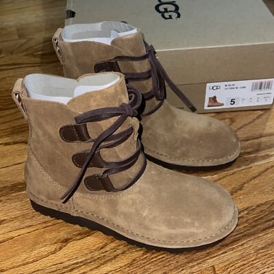 NIB UGG ELVI CHESTNUT BROWN SUEDE LEATHER UNLINED LACE-UP ANKLE BOOTS BOOTIES 5