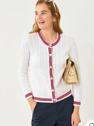 Lilly Pulitzer Brockton Crew Neck Cardigan XS White Cable Nautical Womens NWT - product listing photo