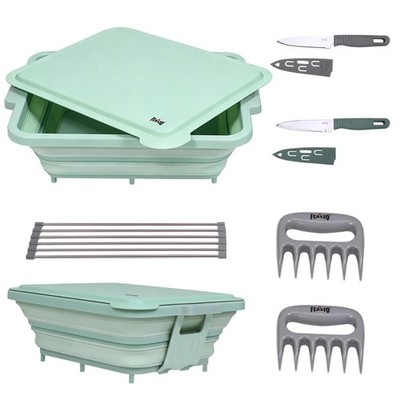 FEASTO 9-IN-1 Collapsible BBQ Prep Tubs with Cutting 16.1''L x 13''W, Green 