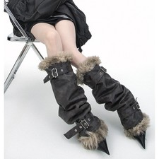 Women's Faux Leather Leg Warmers with fur Punk Gothic Costume Cosplay Boot Cuffs