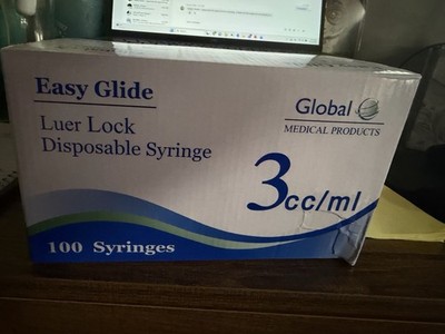 Global Easy Glide Luer Lock Syringe 3cc/ml 100 Pack Exp 01/04/2029