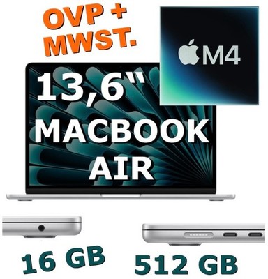   Apple MacBook AIR 13,6'' M4  16GB   512GB   silber, OVP   MW0X3D/A, Rg.MwSt.