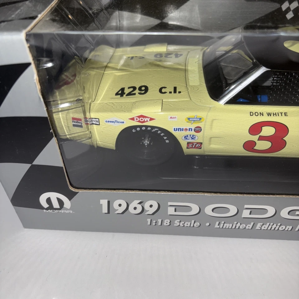1969 Dodge Daytona 3 Don White Winged Warriors Mopar Diecast 1:18 Car - Yellow - Image 2 of 4