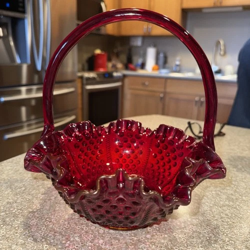 Large Fenton Ruby Red Glass Hobnail Basket 10 3/4" Tall