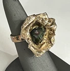 VINTAGE DENMARK BRUTALIST MOLDAVITE CRYSTAL & STERLING SILVER FLOWER RING SIZE 7
