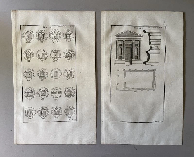 Temples 5 Kupferstich Montfaucon Antiquité Tempel Säulen Architektur Münzen 1722 - Bild 2 von 4