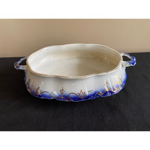 Antique Imperial China blue and white two handled serving dish, flow blue