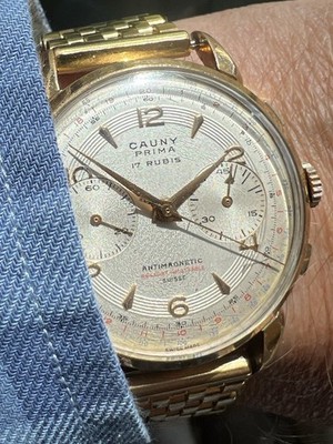 Vintage Art Deco Swiss Cauny Prima 36mm Gold Chronograph - Nice Landeron & Dial