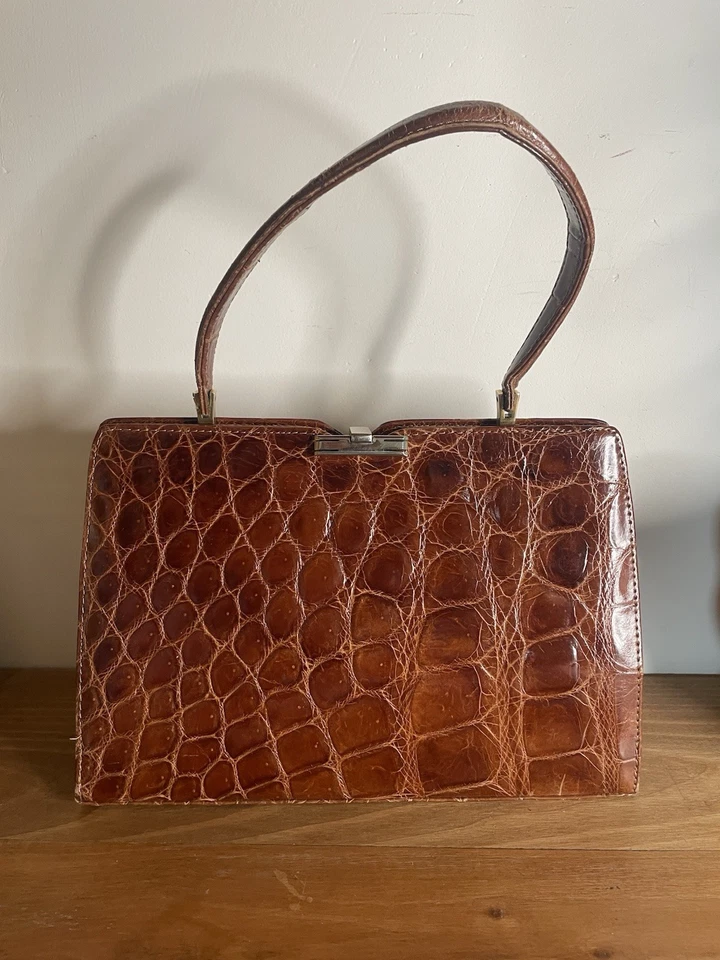 Adorable Sac en cuir crocodile véritable marron vintage - Photo 3/4