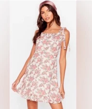 NWT Nasty Gal Pink White Bud Times Floral Mini Dress Size 4 Tie Sleeves Ruffle