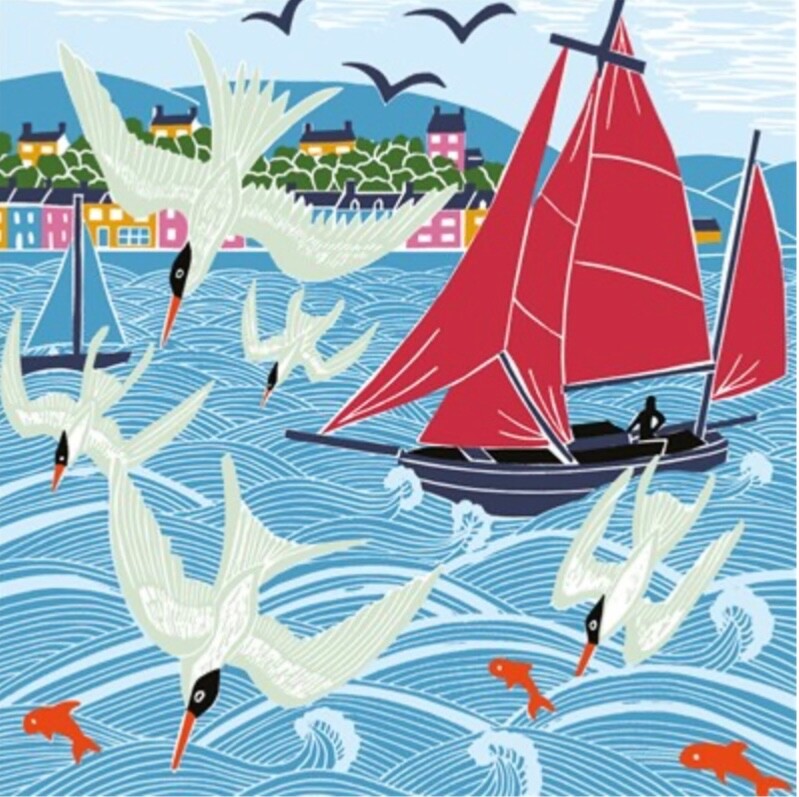 Sailboats & Seagulls - Art Blank Greeting / Birthday Card - Boats Birds Embossed