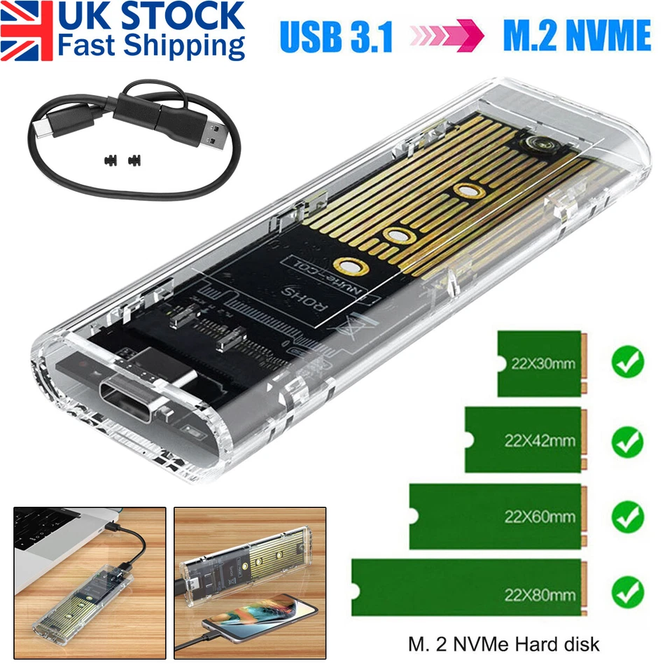 M.2 NVMe SSD to USB 3.2 Type-C Enclosure Case Converter Adapter M&B+M Key※UK