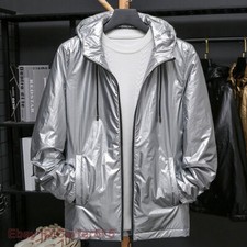Men Metallic Shiny Jacket Hooded Front Zip Coat Holographic Windbreaker Top Chic