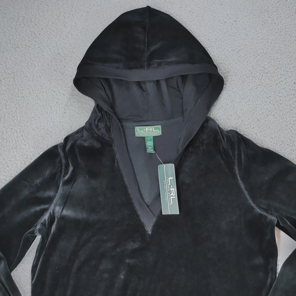Lauren Ralph Lauren Sudadera con Capucha Mujer Grande Negro Terciopelo Canguro Bolsillos Cuello en V NUEVO Foto 3 de 4