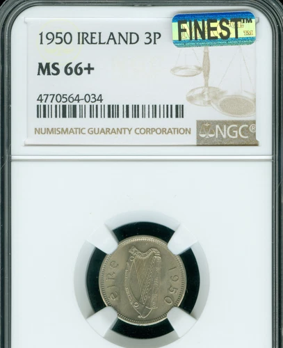 1950 IRELAND 3P 3 PENCE NGC MS66 + PQ MAC FINEST GRADE & SPOTLESS RARE *