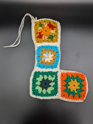 Vtg Crochet Granny Square Christmas Stocking 11'' Multicolor 70's 80's 