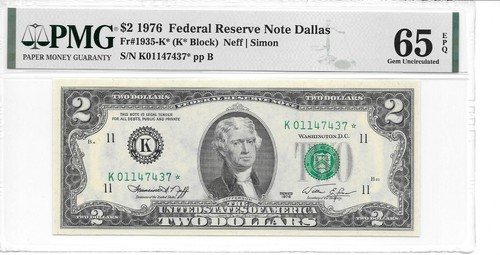 1976* $2 Dallas Star FRN PMG 65 EPQ Gem Uncirculated (Cut From BEP Issued Sheet) - Picture 3 of 4