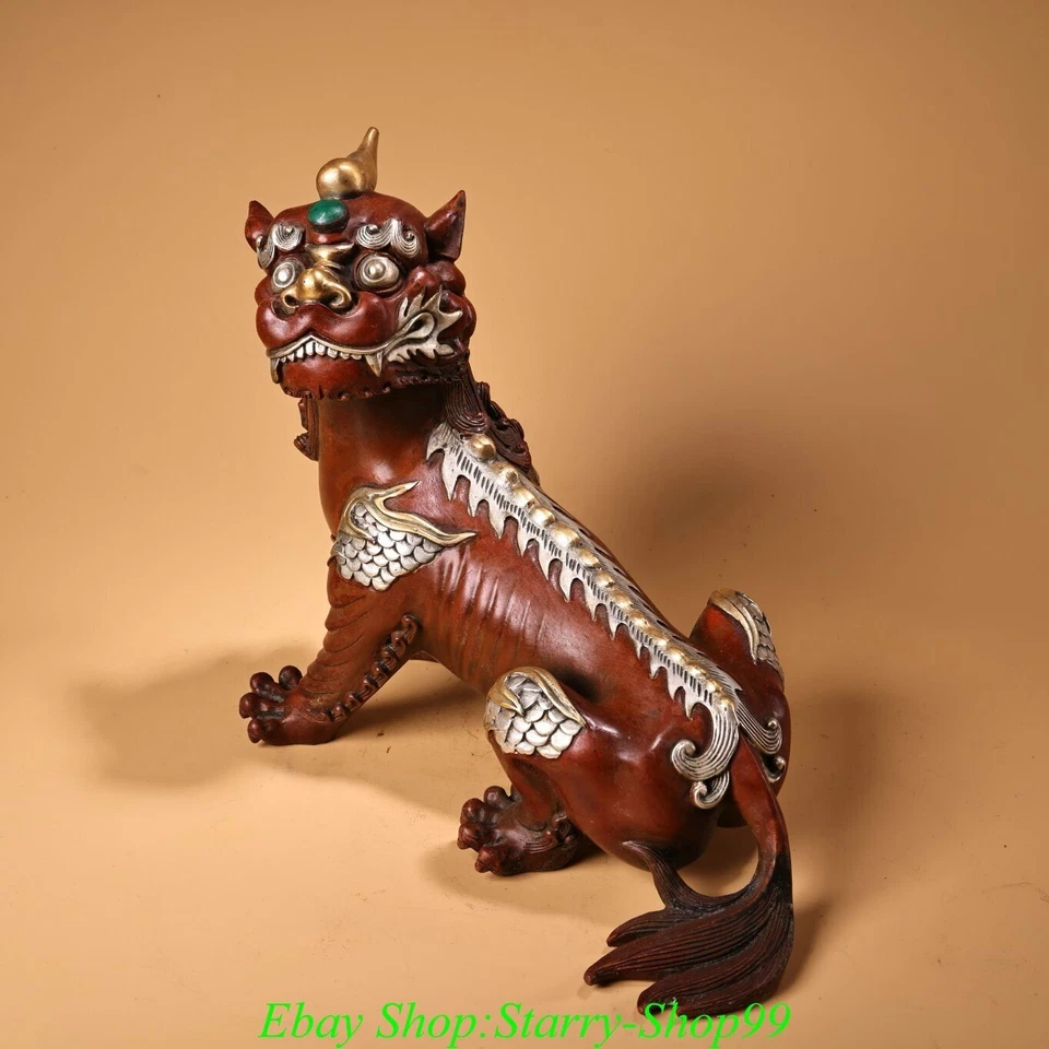 9"Old China Dynasty Feng Shui Red Copper Gilt Silver Pi Xiu Unicorn Beast Statue - Image 4 of 4