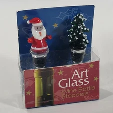 Holiday Decor Art Glass Wine Bottle Stoppers Christmas Tree and Santa Set of 2
