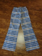 Vtg 60s 70s Sears Put On Shop Blue Yellow Plaid Bellbottom Pants W28 Inseam30