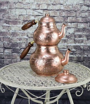 Traditional Copper Teapot with Wooden Handle Turkish Handmade Tea Kettle