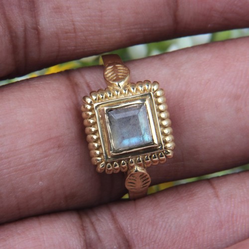 Adjustable Brass Ring With Gemstone Gold Plated Square Ring With Labradorite - Picture 6 of 7