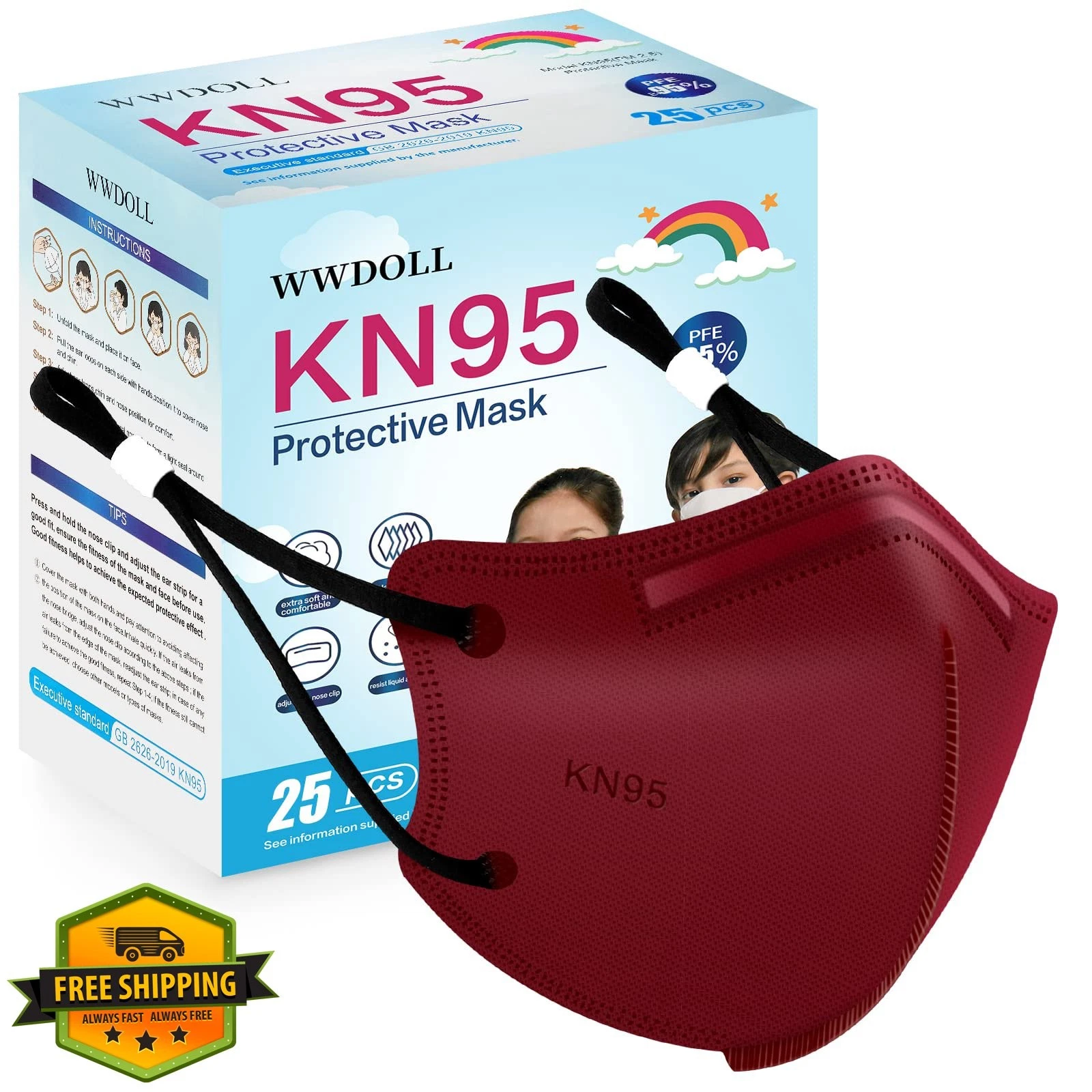 WWDOLL Kids KN95 Face Mask 25 Pack Red 5-Layer Breathable