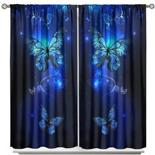 Blue Butterfly Curtains,Glowing Butterflies Black Background Thermal Insulate...