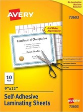 Avery 73603 Clear Self-Adhesive Laminating Sheets, 3 mil, 9 x 12, 10/Pack