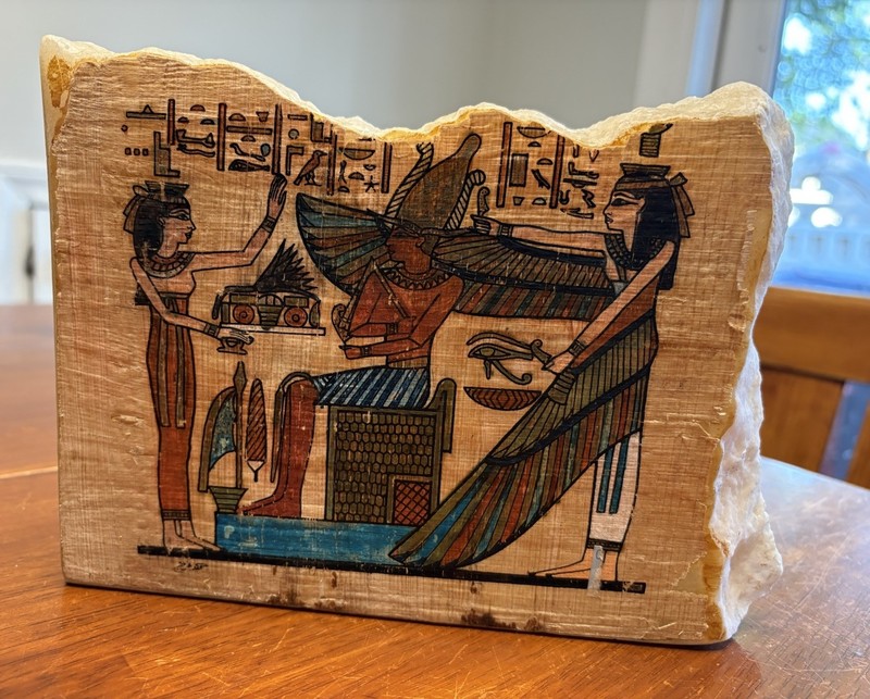 Unique Ancient Egyptian Papyrus Painting on White Stone Block - Isis & Osiris