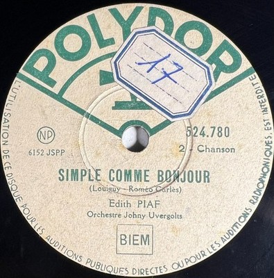 Edith Piaf: Einfach wie Hallo / Der Vagabund SCHEIBE 78 U/min Polydor 524.780