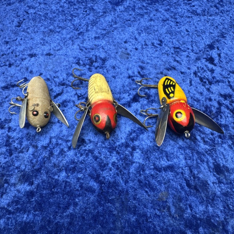 Vintage Lot Of 3 Wooden Heddon Crazy Crawlers 2100,2120 Mouse, Bee, RW Shore