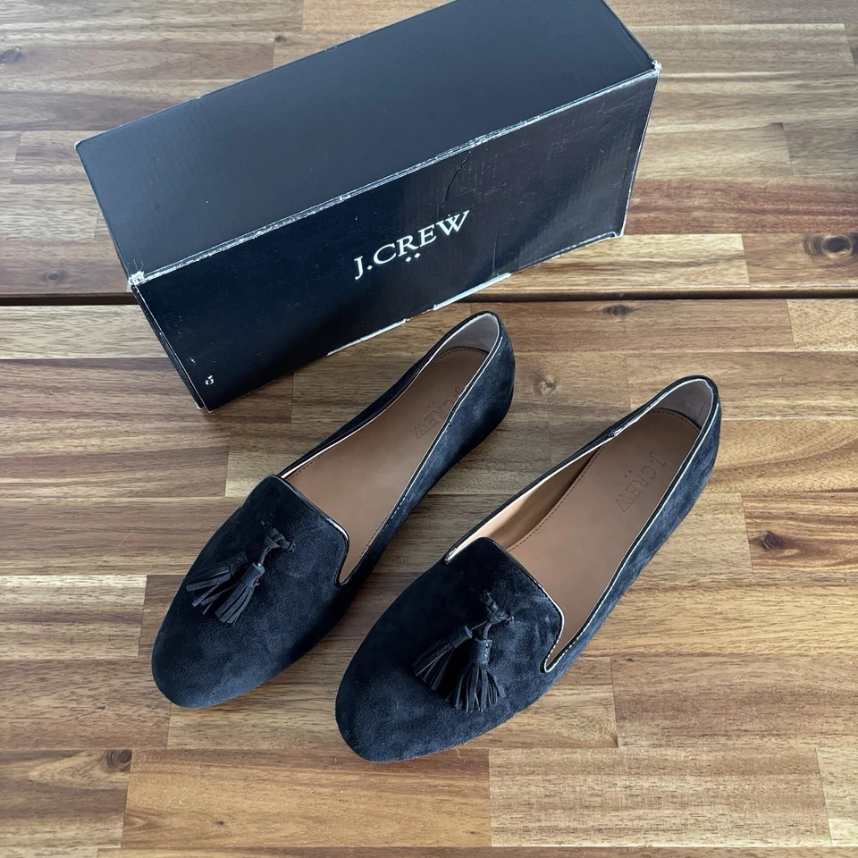 Mocasines J Crew negros borla plana para mujer talla 10 dinero antiguo preppy oficina viaje Foto 3 de 4
