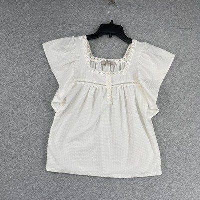 Loft Top Womens Size XS White Flocked Dots Short Sleeve Flutter Knit Blouse