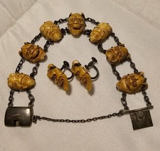 Antique Silver Japanese Oni And Seven God's Bracelet With Earrings