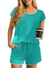 Ekouaer Summer Pajamas for Women Short Loungewear Set Large, Turquoise Green