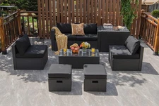 Patiojoy Outdoor 8PCS Rattan Furniture Set Storage Table Ottoman Black