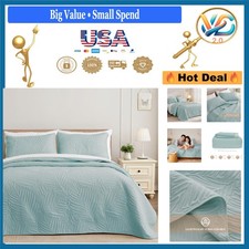 King Size Blue Microfiber Quilt Set with Leaf Pattern 3 Pieces