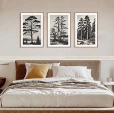 Large Vintage Sketch Tree Framed Wall Art Set,Antique Black and White Wall De...