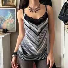 Rampage Vintage Y2K Striped Lace Trim Cami Top Black White Grey Medium